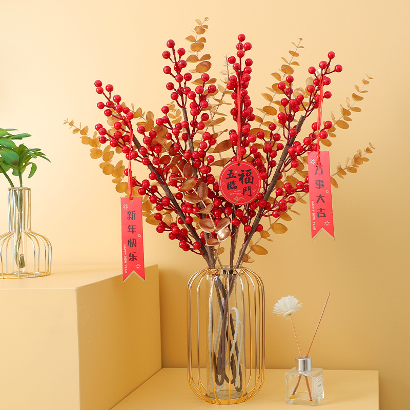 Artificial Lucky Red Berries Decor Faux Fortune Plant for Living Room