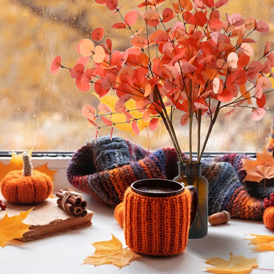 Artificial Eucalyptus Branch with Autumn Leaves for Fall and Thanksgiving Decor