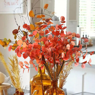 Artificial Eucalyptus Branch with Autumn Leaves for Fall and Thanksgiving Decor