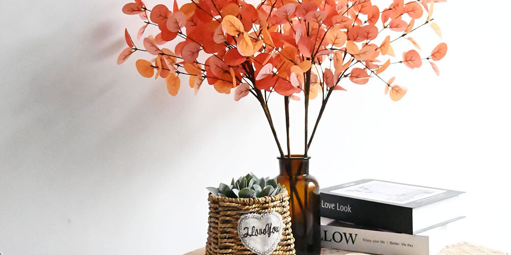 Artificial Eucalyptus Branches for Autumn Decor – Fall Harvest & Thanksgiving Supply (8) Artificial Eucalyptus Branch with Autumn Leaves for Fall and Thanksgiving Decor