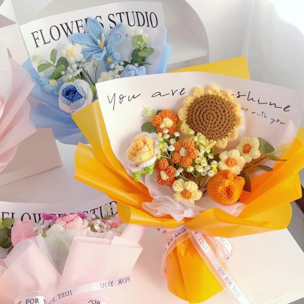 Knitted Artificial Babysbreath Rose Sunflower Flower Gift Bouquet